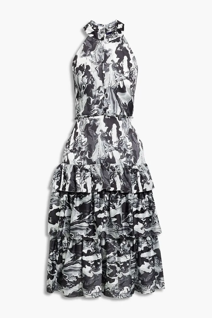 Tiered printed crepe de chine midi dress