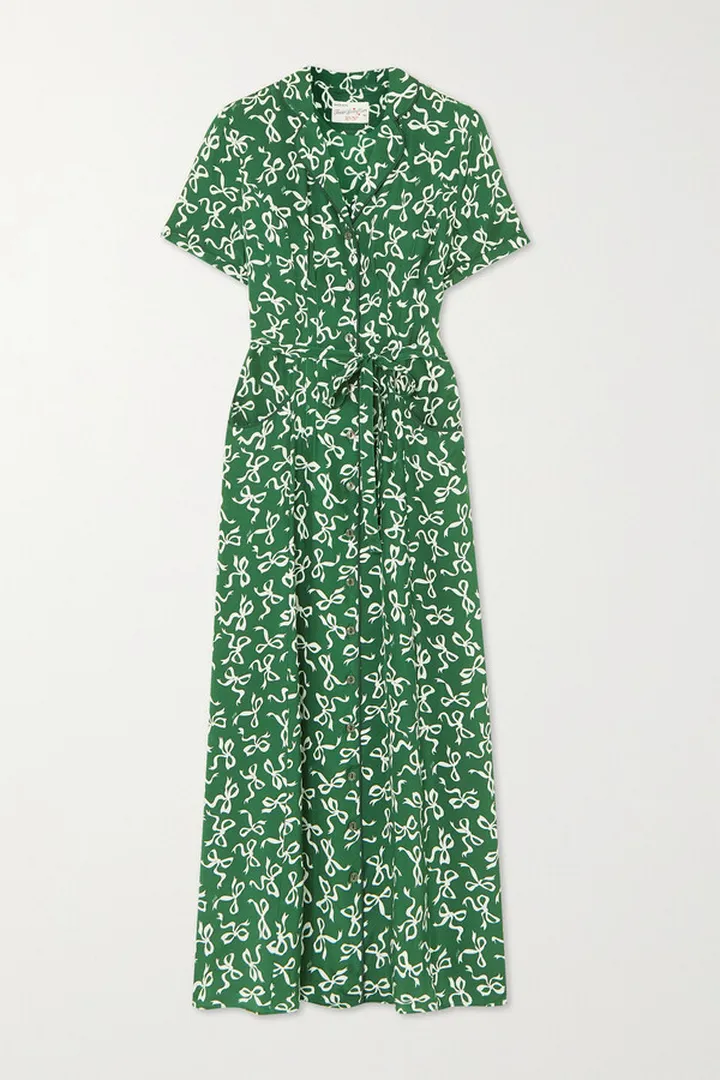 HVN - Maria Belted Printed Silk Crepe De Chine Midi Dress - Green