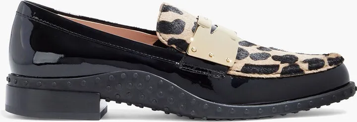 Leopard-print calf hair and patent-leather loafers