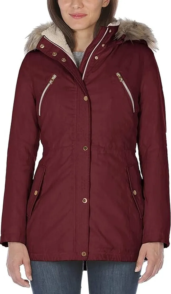 Nautica Women's Microfiber Parka Anorak Jacket with Faux Fur Hooded Trim (Zinfandel) Women's Vest