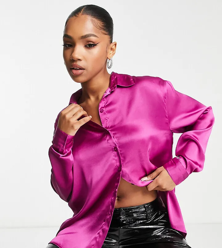 Pieces exclusive satin oversized shirt in bright purple
