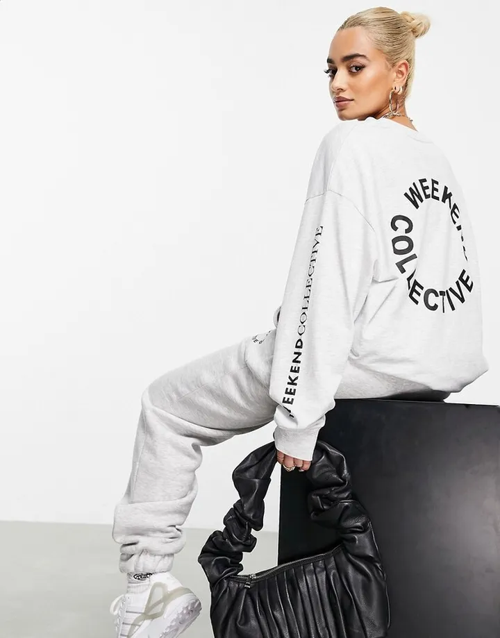 ASOS Weekend Collective oversized long sleeve t-shirt with back logo in gray heather