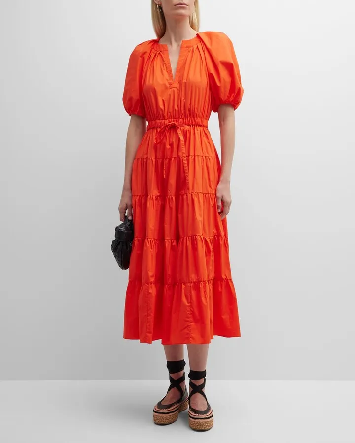 Olina Tiered Puff-Sleeve Midi Poplin Dress