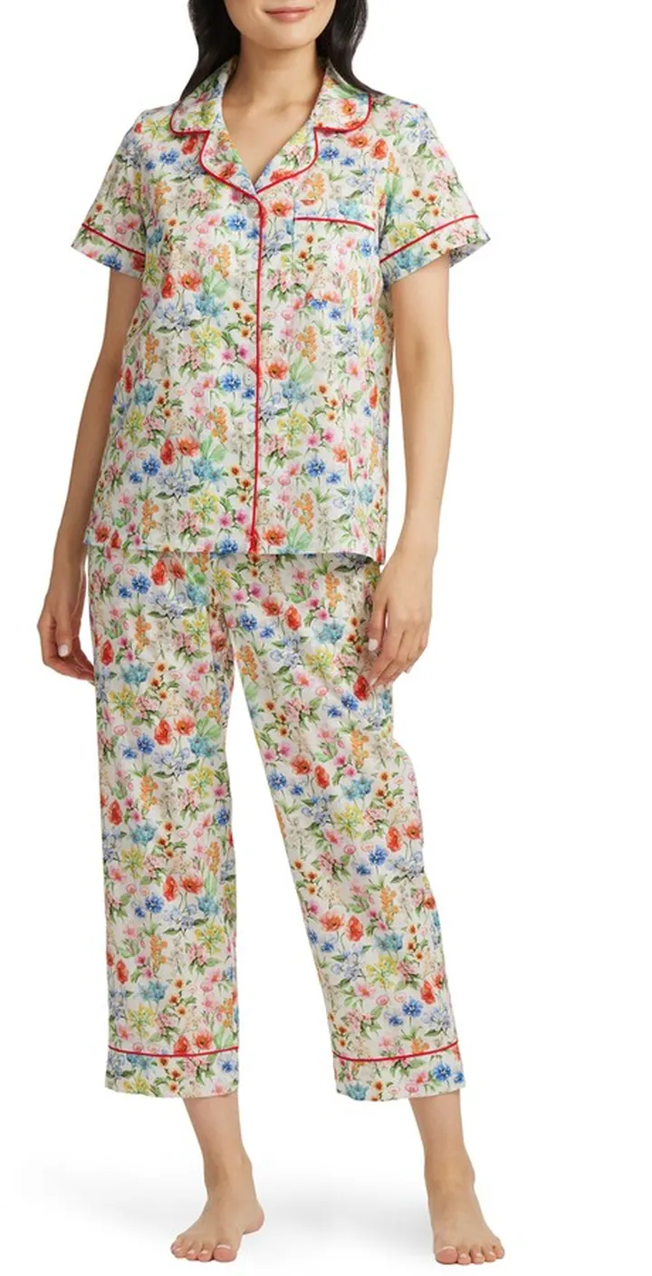 Floral Print Stretch Organic Cotton Jersey Crop Pajamas
