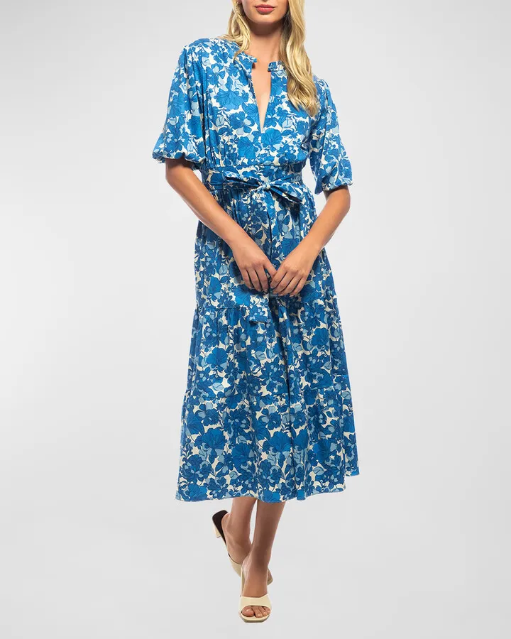 Dalia Floral-Print Blouson-Sleeve Midi Dress