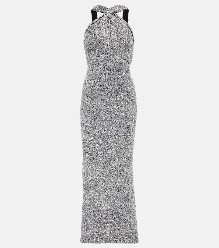 Metallic knit halterneck gown