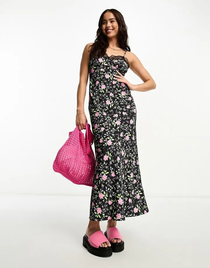 Miss Selfridge lace trim midi slip dress in floral print