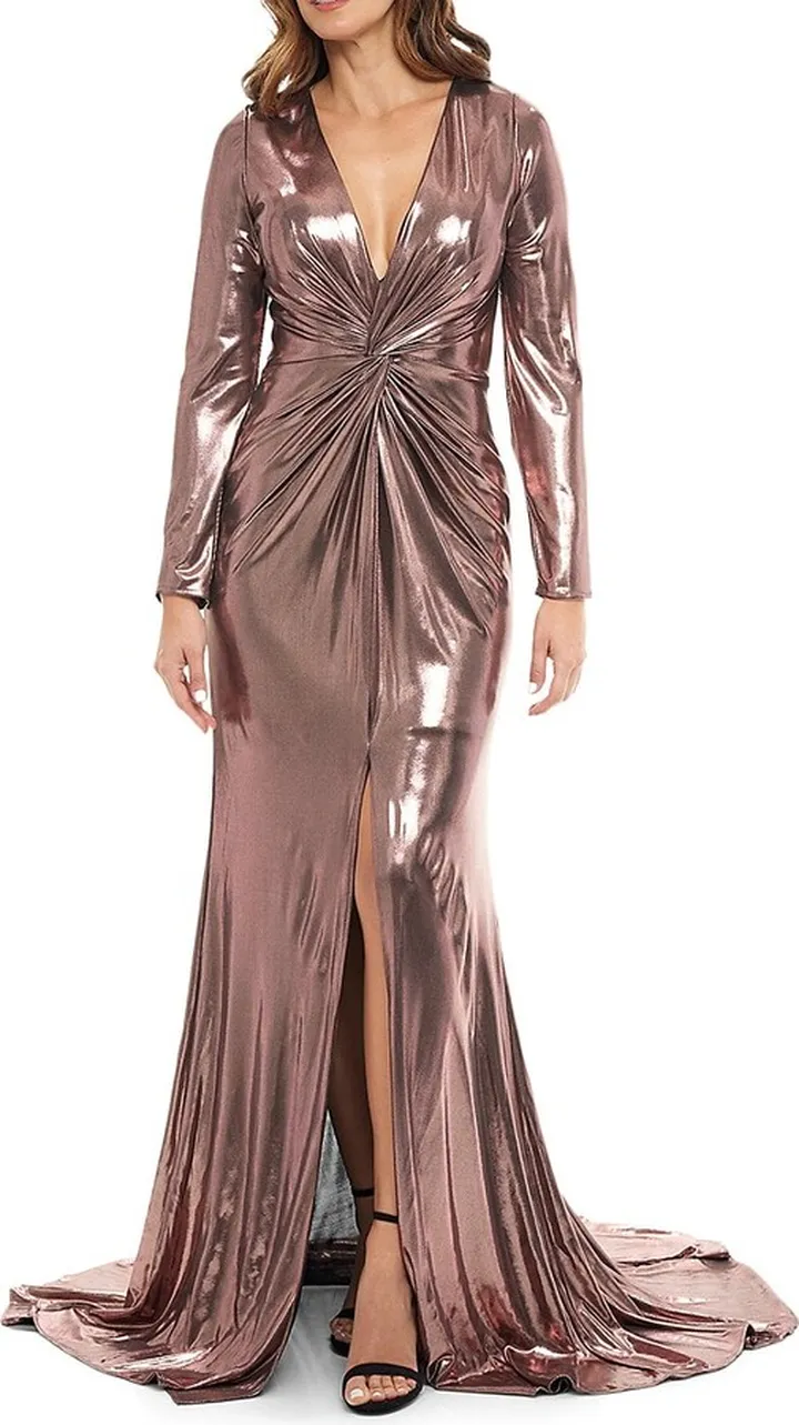 Plunging Draped Metallic Gown