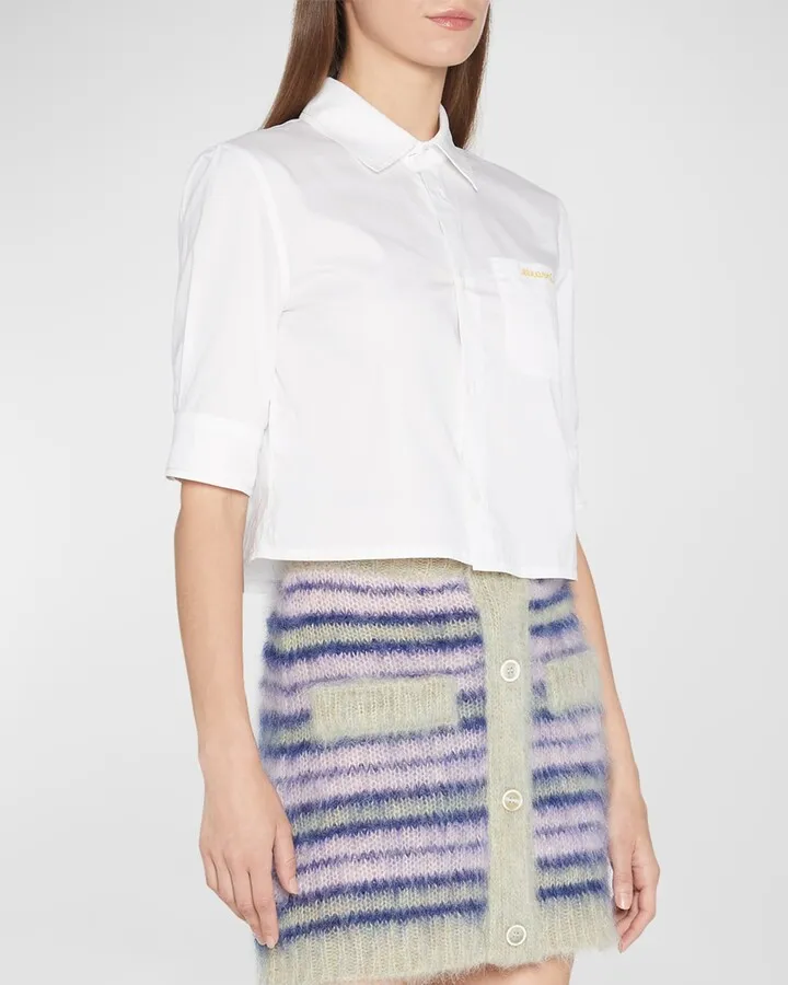 Elbow-Sleeve Crop Collared Shirt