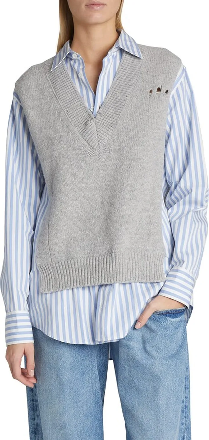 Mixed-Media Sweater Vest Shirt