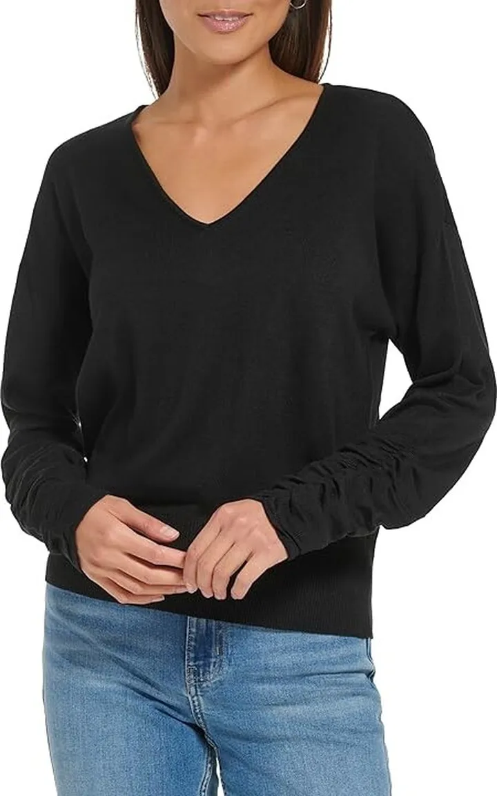 Calvin Klein Ruched Sleeve V-Neck (Black) Women's Clothing