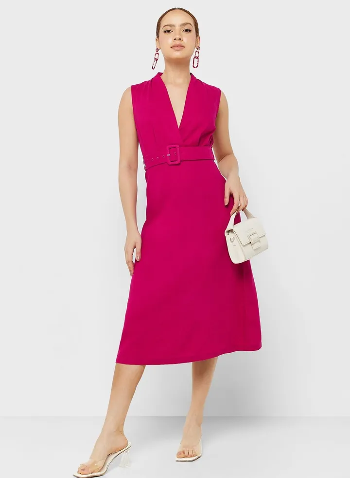 Belted V-Neck Dress