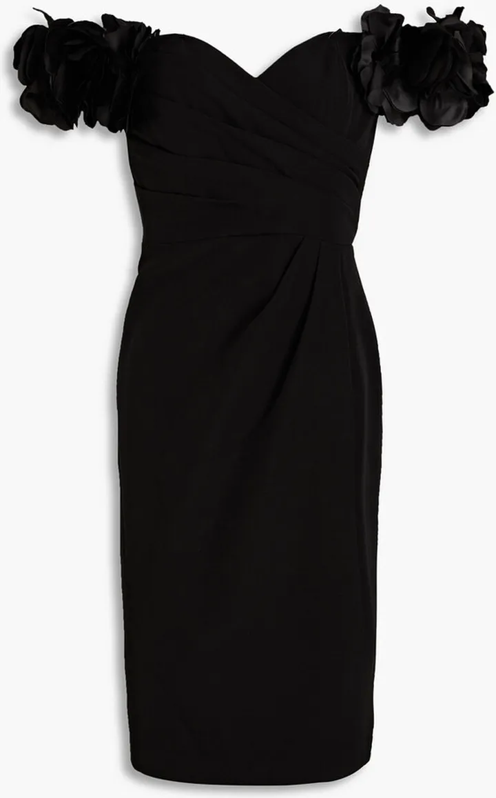 Off-the-shoulder floral-appliquéd crepe dress