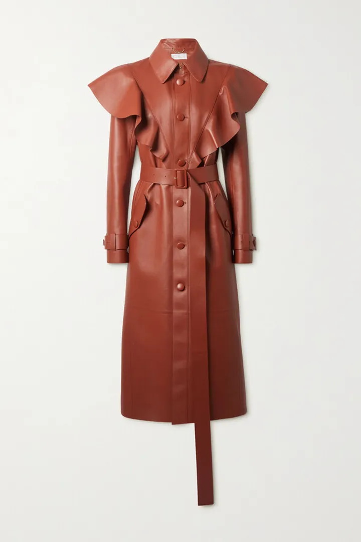 Chloé - Belted Ruffled Leather Trench Coat - Brown