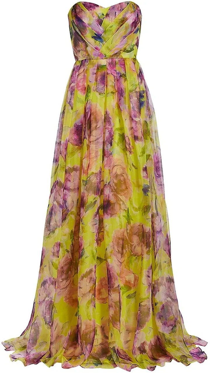 Pleated Floral Silk Organza Gown