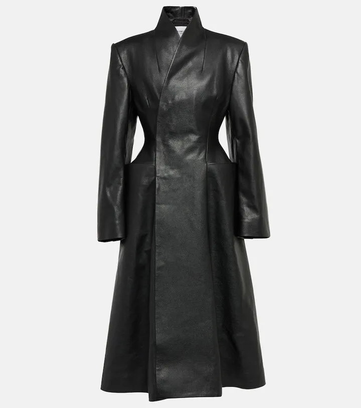 Flare hourglass leather midi coat