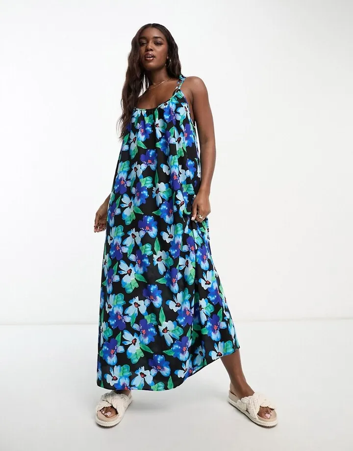 ASOS DESIGN tie strap detail trapeze maxi slip dress in blue floral print