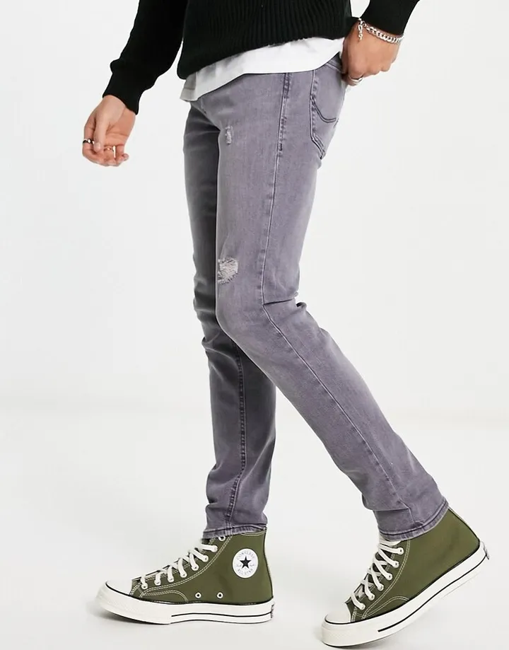 Jack & Jones Intelligence Liam skinny jeans with rips in gray wash