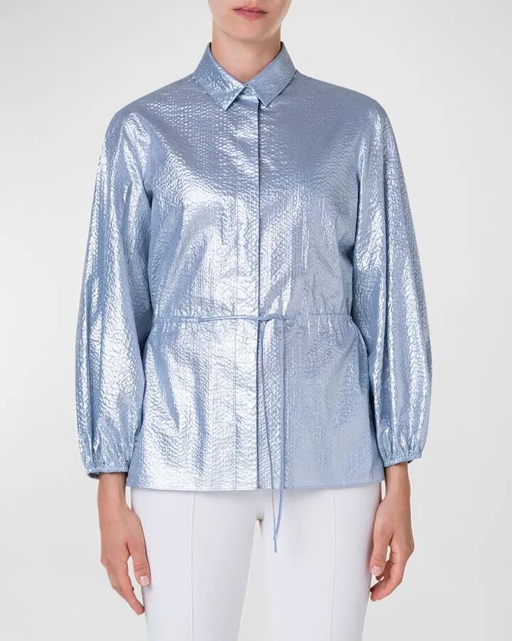 Metallic Seersucker Peasant-Sleeve Shirt