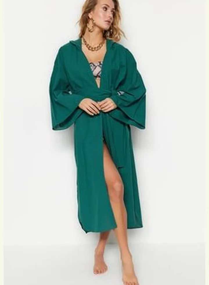 Green Belted Maxi Woven Hooded 100% Cotton Kimono & Kaftan TBESS23KM00042