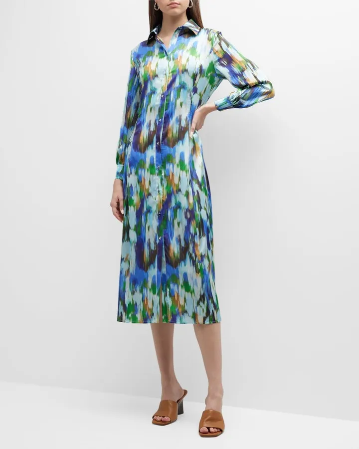 Watercolor-Print Bracelet-Sleeve Shirtdress
