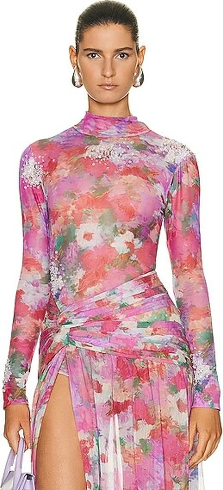PatBO Hand Beaded Printed Tulle Bodysuit in Pink