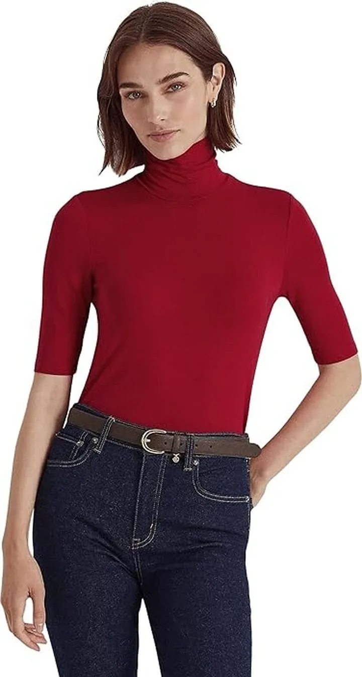 LAUREN Ralph Lauren Stretch Jersey Turtleneck (Classic Red) Women's Clothing