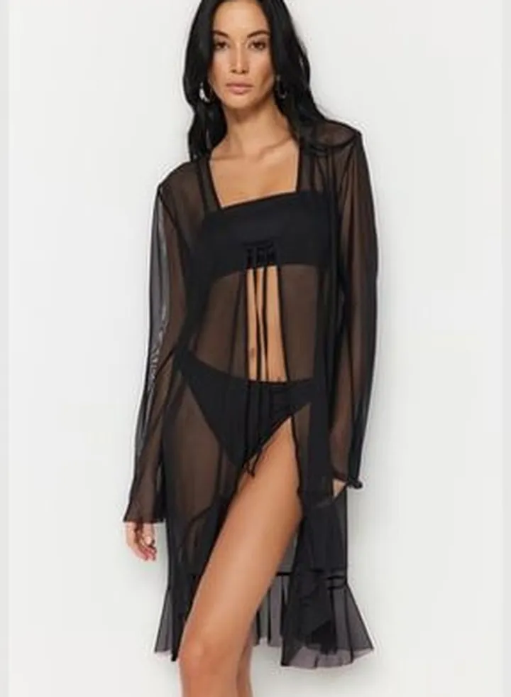 Black Maxi Knitted Flywheel Kimono & Kaftan TBESS23KM00101