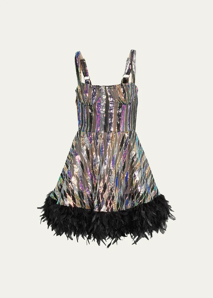 Mademoiselle Feather-Trim Sequin Mini Dress