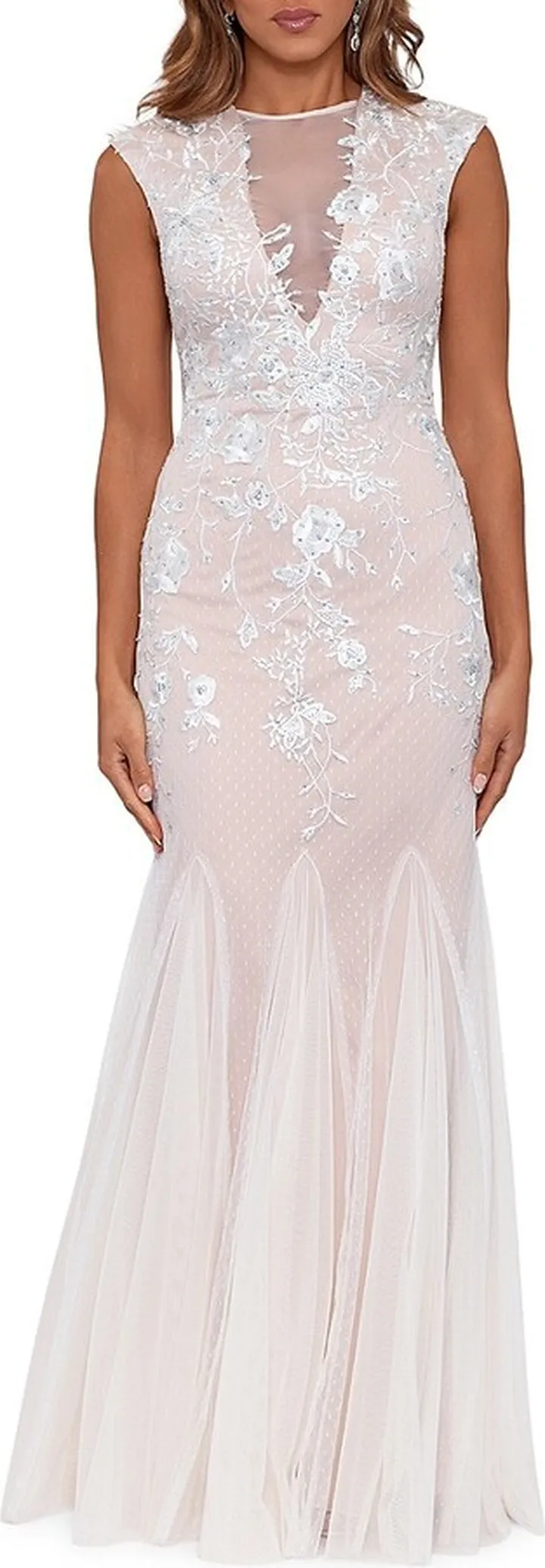 Applique Cap Sleeve Mermaid Gown