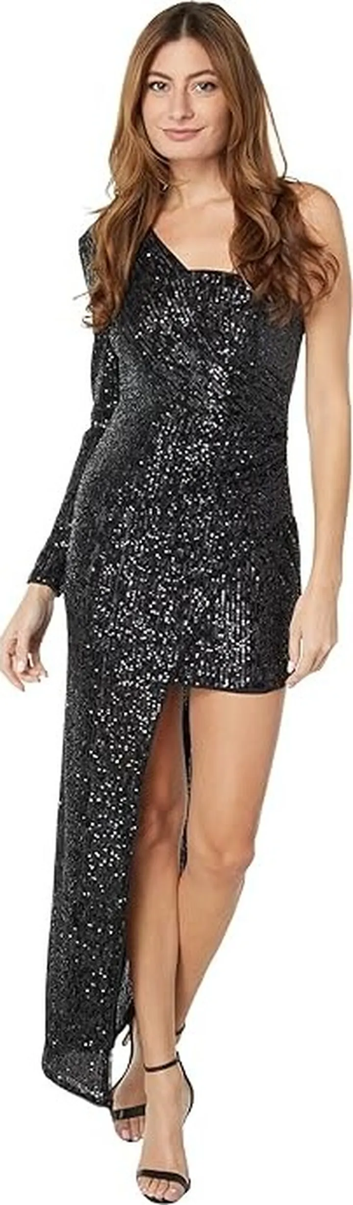 BCBGMAXAZRIA One Sleeve Sequin Gown (Black) Women's Dress
