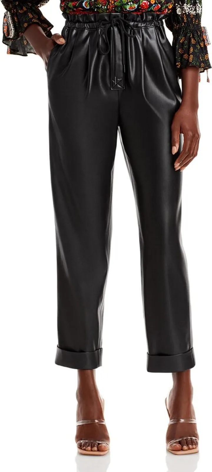 Lilana Womens Faux Leather Pleated Paperbag Pants