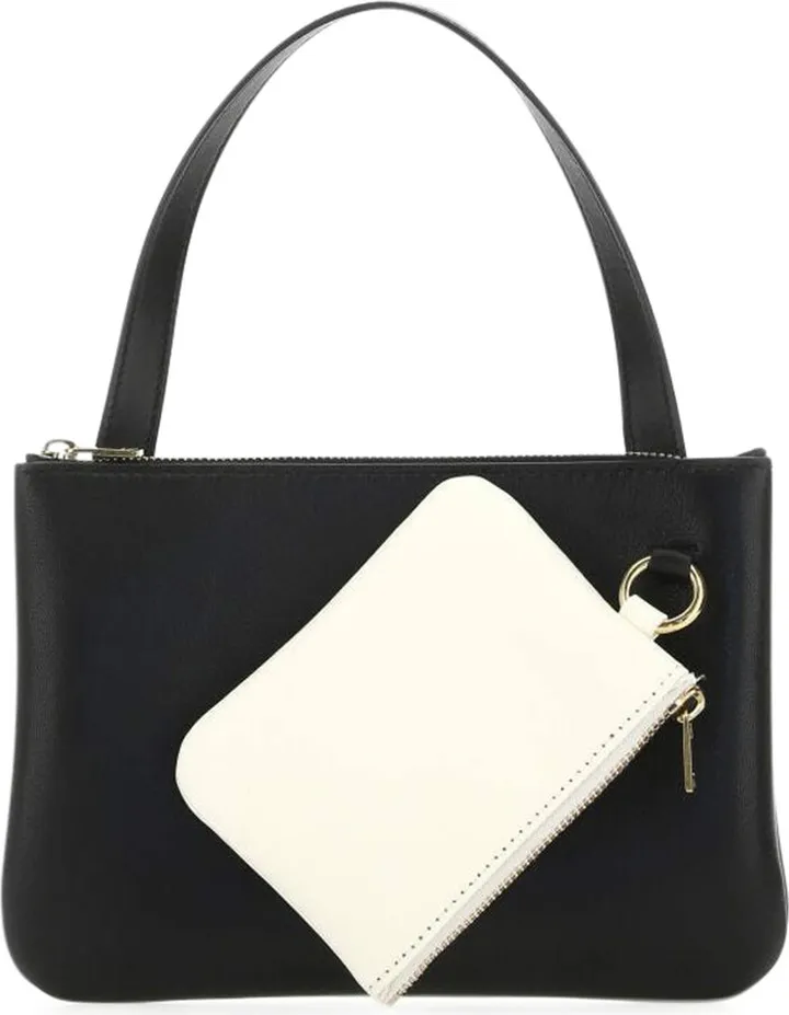 Handbag made of lamb nappa featuring a contrasting printed logo on the front enriched by a contrasting leather pouch on the front.