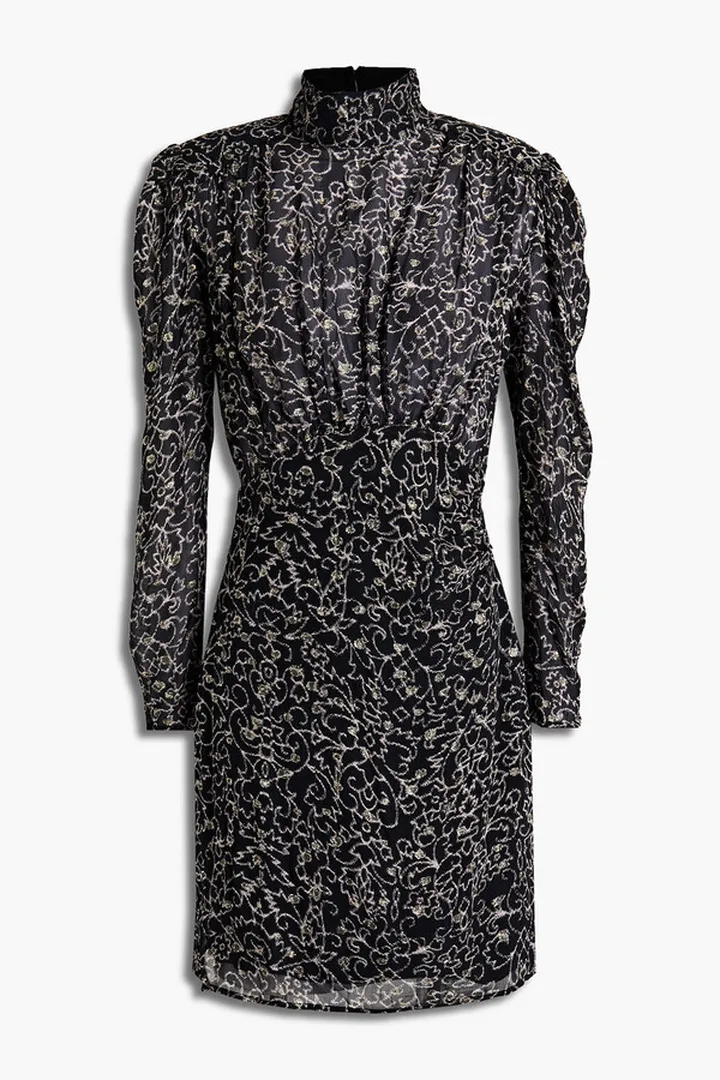Acia gathered printed metallic fil coupé georgette mini dress