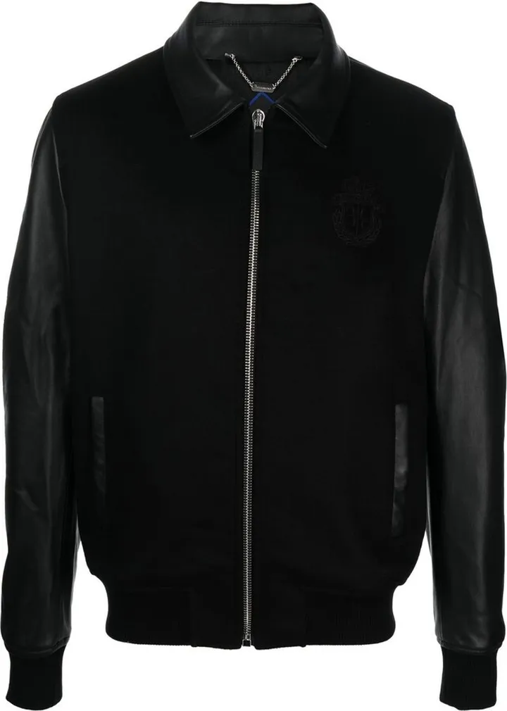 Leather-Panel Varsity Bomber Jacket