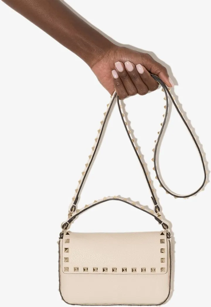 White Rockstud Mini Leather Shoulder Bag