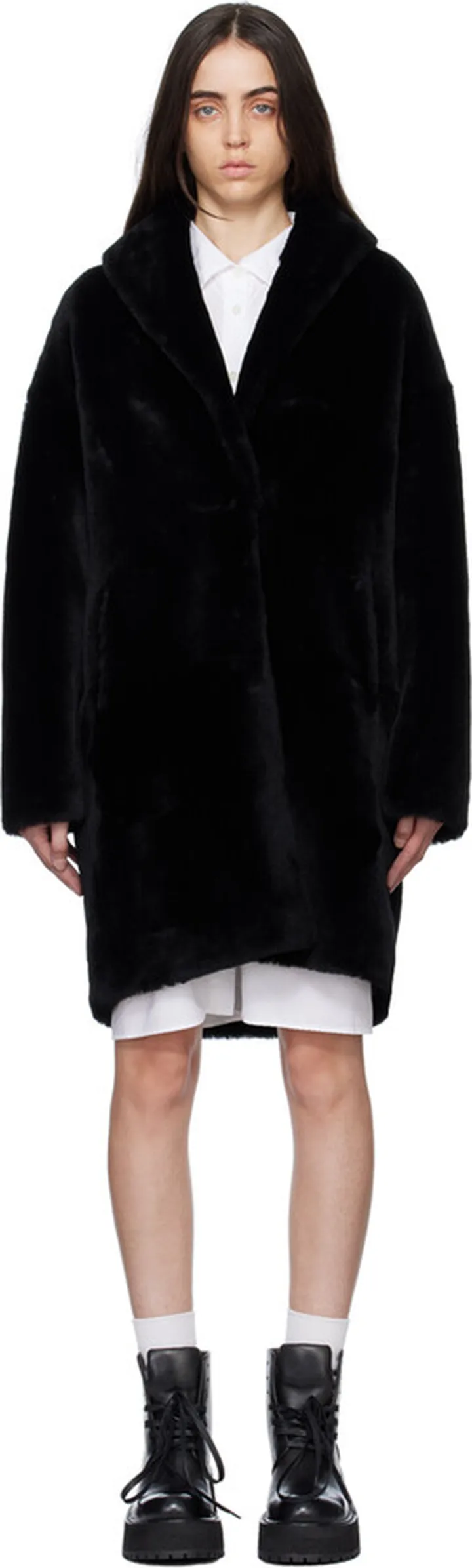 Yves Salomon - Meteo Black Shawl Collar Shearling Coat