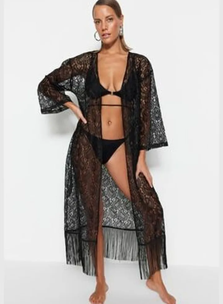 Black Belted Maxi Knitted Fringe Kimono & Kaftan TBESS23KM00047
