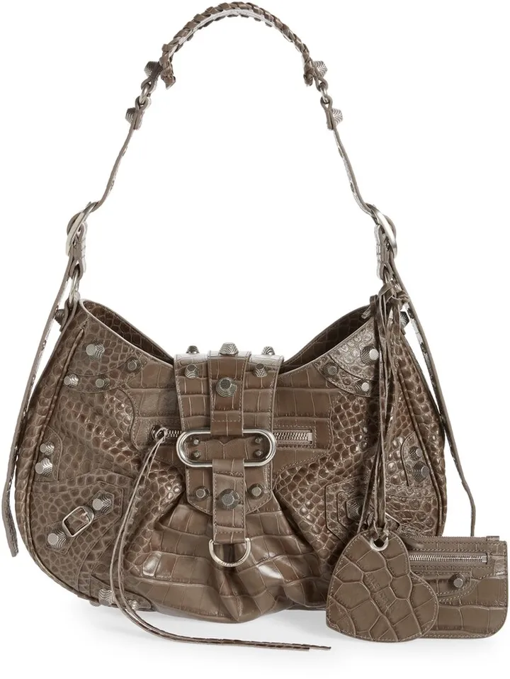 Medium Le Cagole Croc Embossed Leather Shoulder Bag