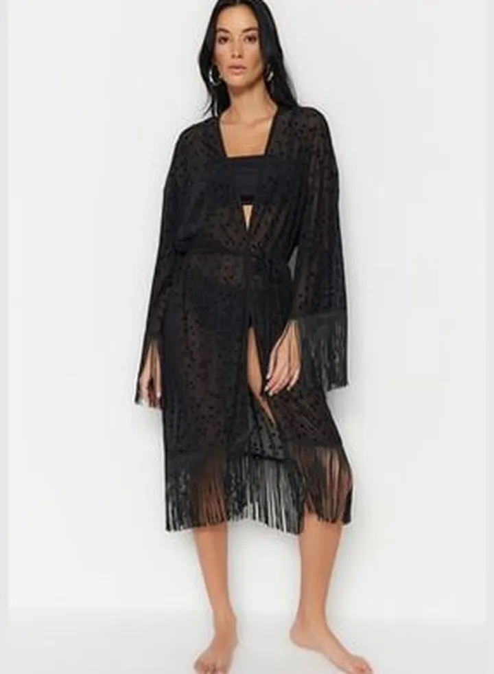 Black Belted Maxi Knitted Fringe Kimono & Kaftan TBESS23KM00091