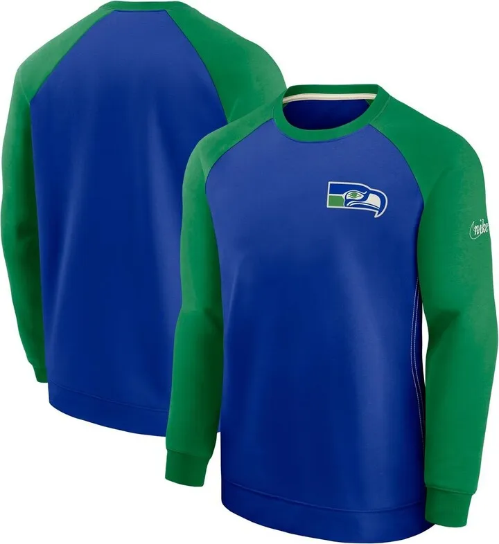 Men's Royal and Green Seattle Seahawks Historic Raglan Crew Performance Sweater