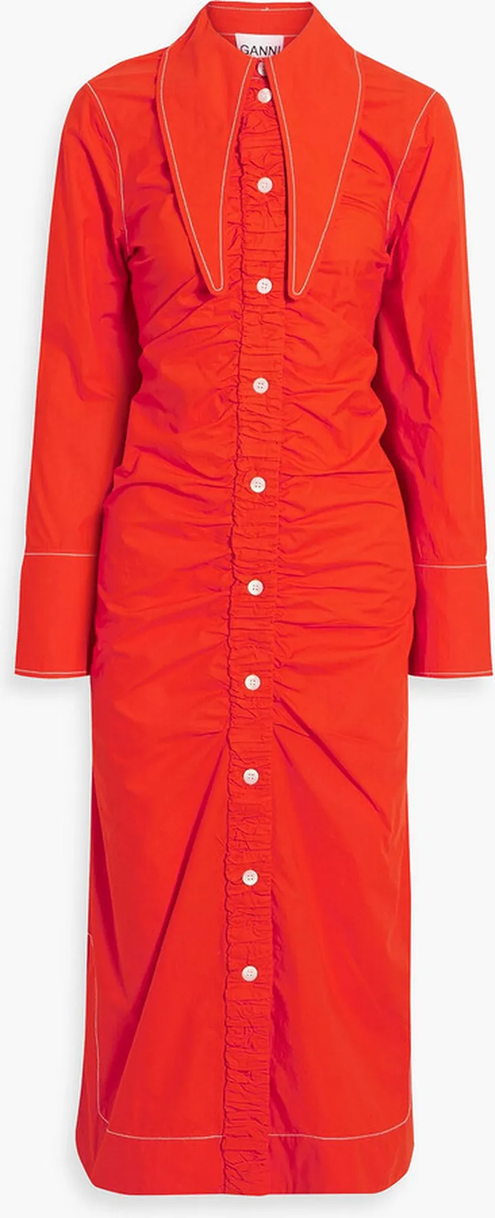Ruched cotton-poplin midi shirt dress