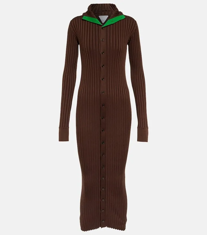 Hooded ribbed-knit silk-blend dress
