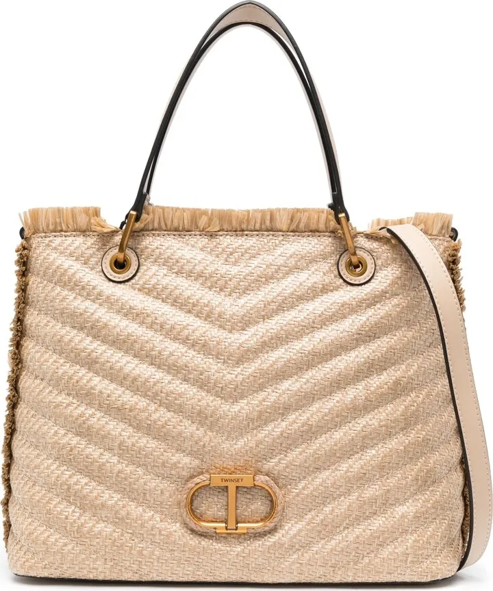 Logo-Plaque Frayed Tote Bag