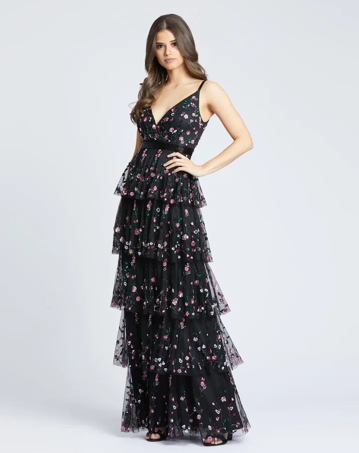 Embellished Sleeveless Ruffle Tiered Gown