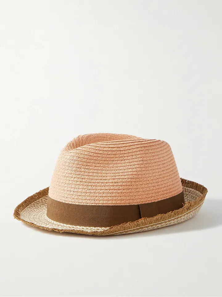 Grosgrain-Trimmed Striped Braided Straw Trilby Hat