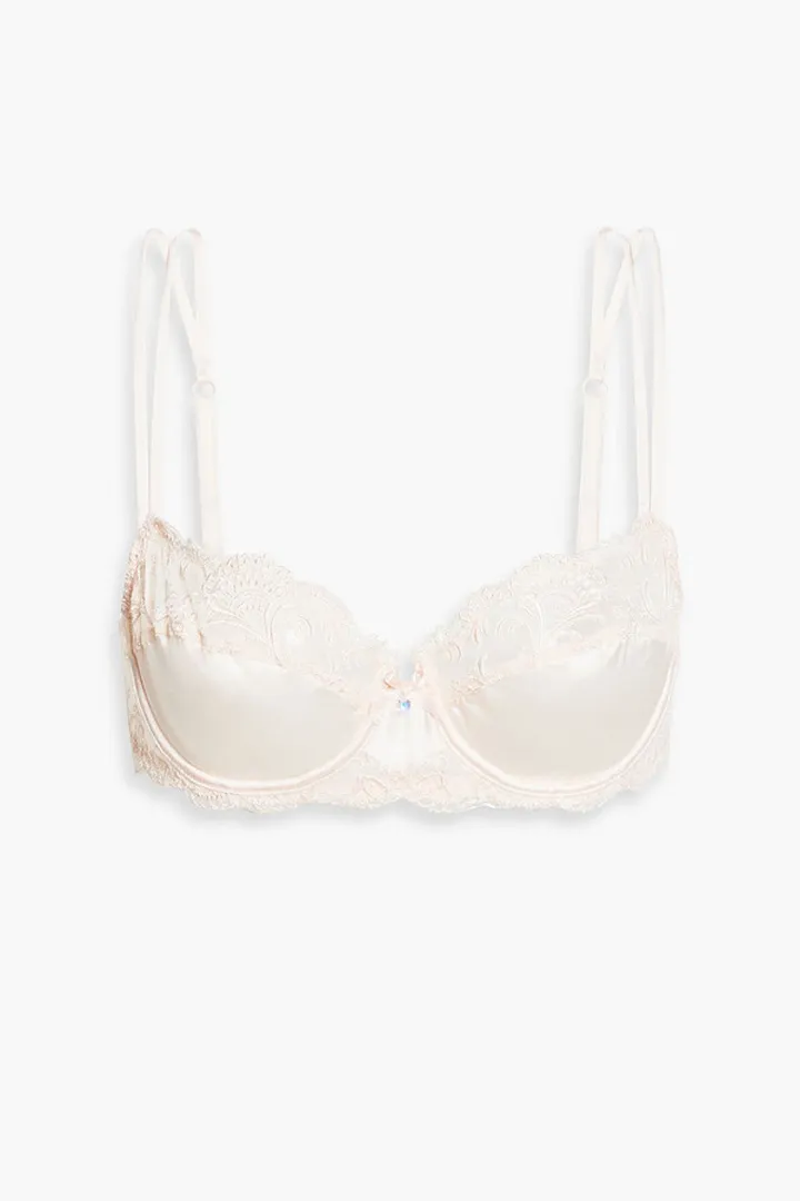 Embroidered tulle-paneled satin balconette bra