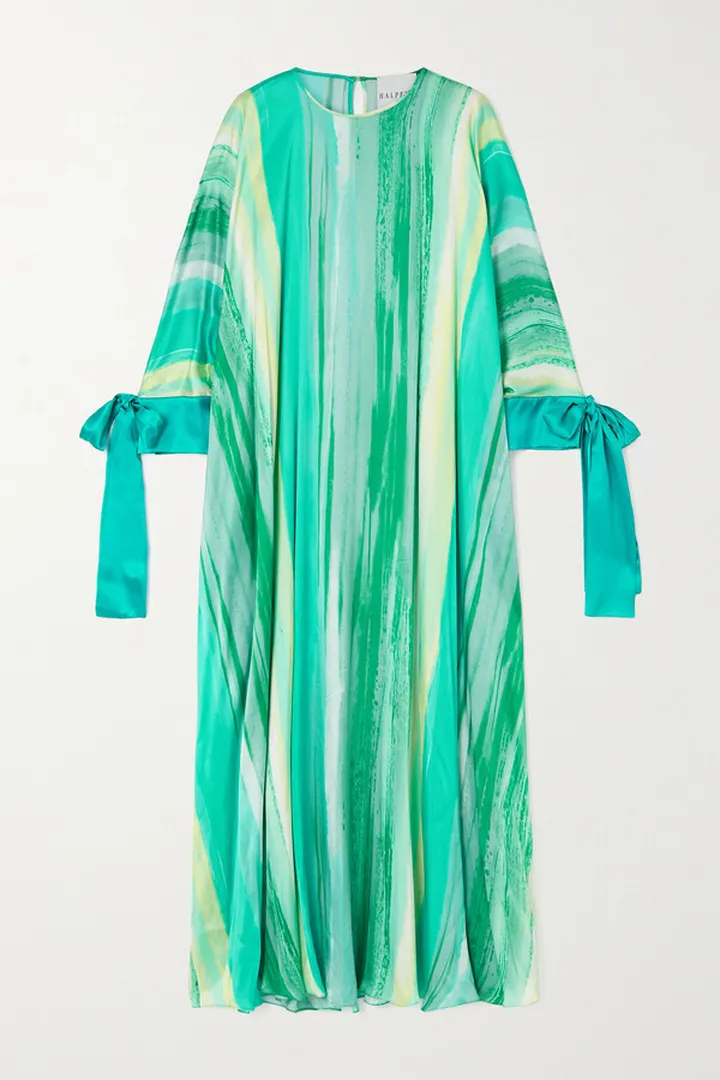 Halpern - Bow-detailed Printed Silk-satin Kaftan - Blue