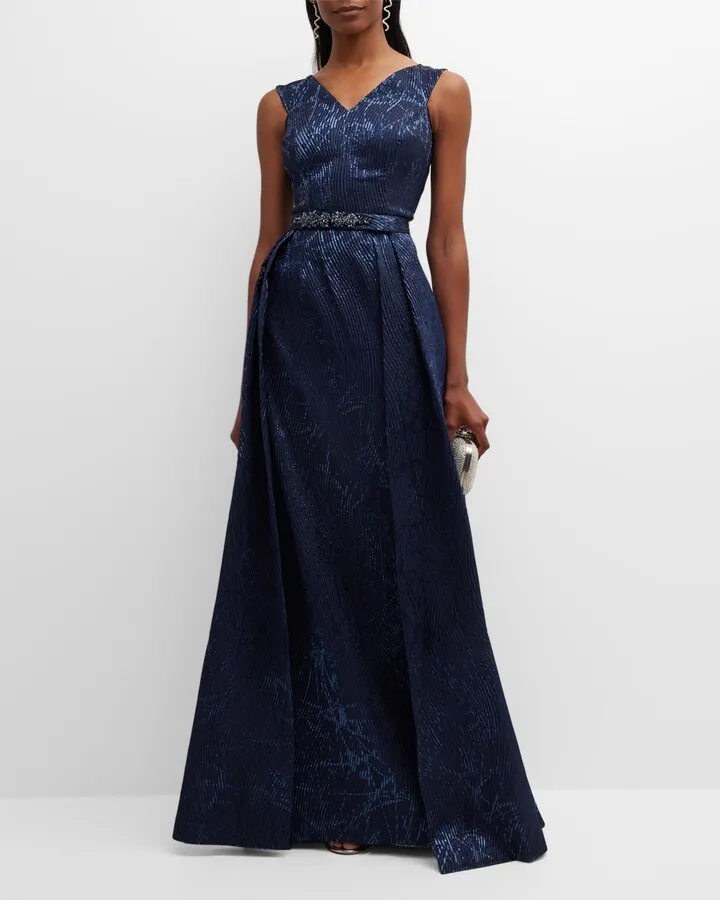 Jewel-Embellished Metallic Jacquard Gown