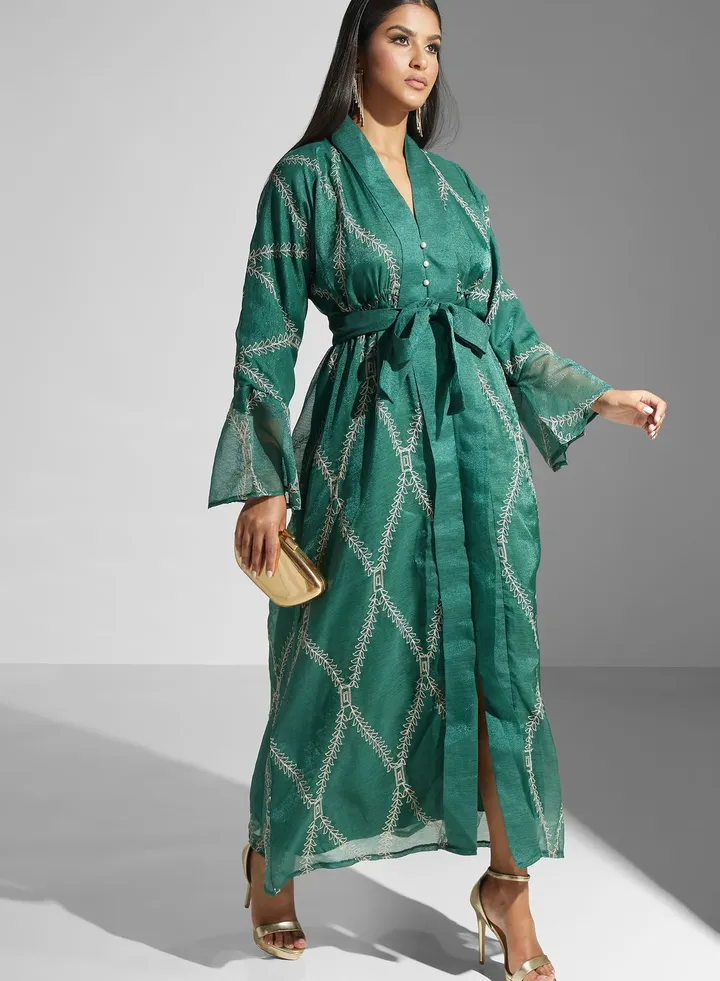 Flute Sleeve Mesh Embellished Dress